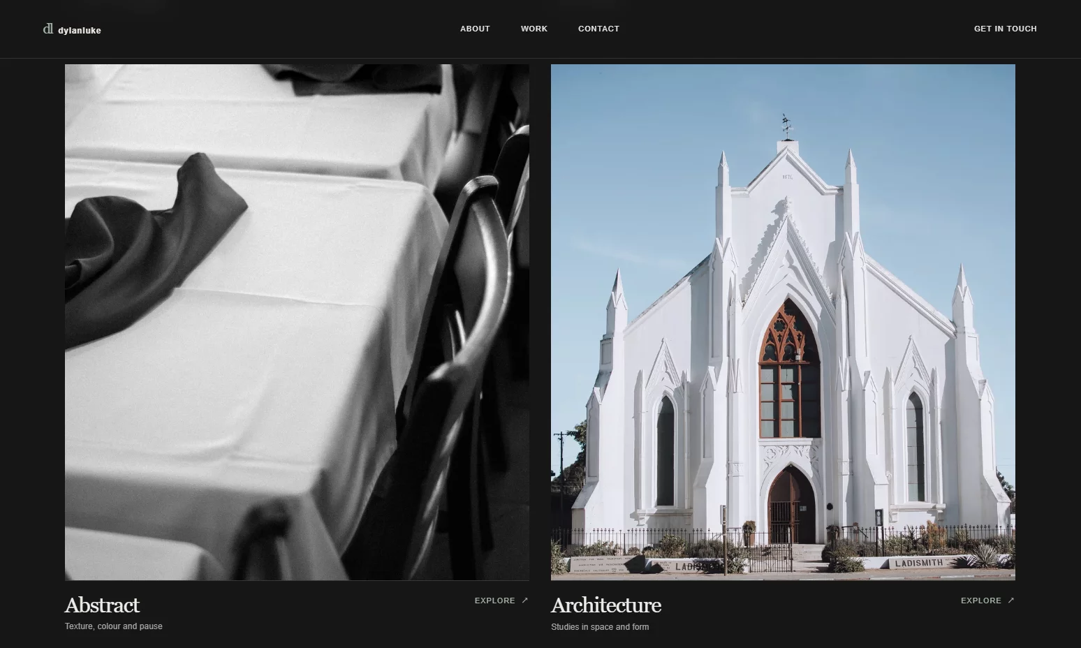Dylan Luke Photography portfolio showing abstract and architectural photography side by side